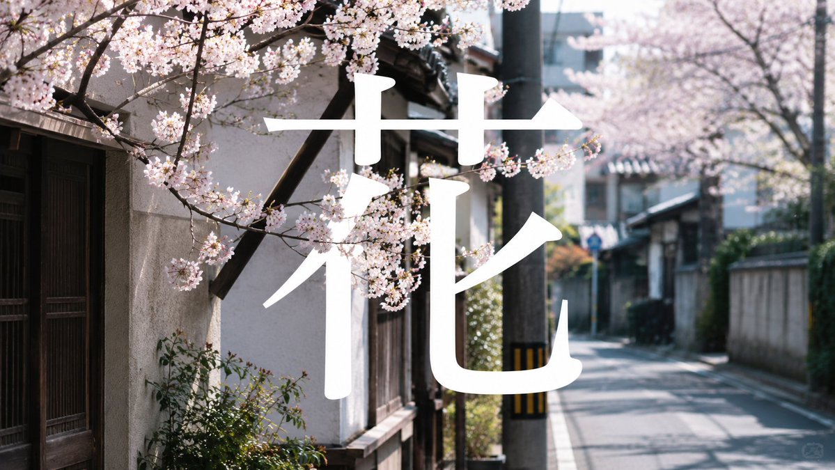 Architecture realistic typography street cherry blossoms elegant