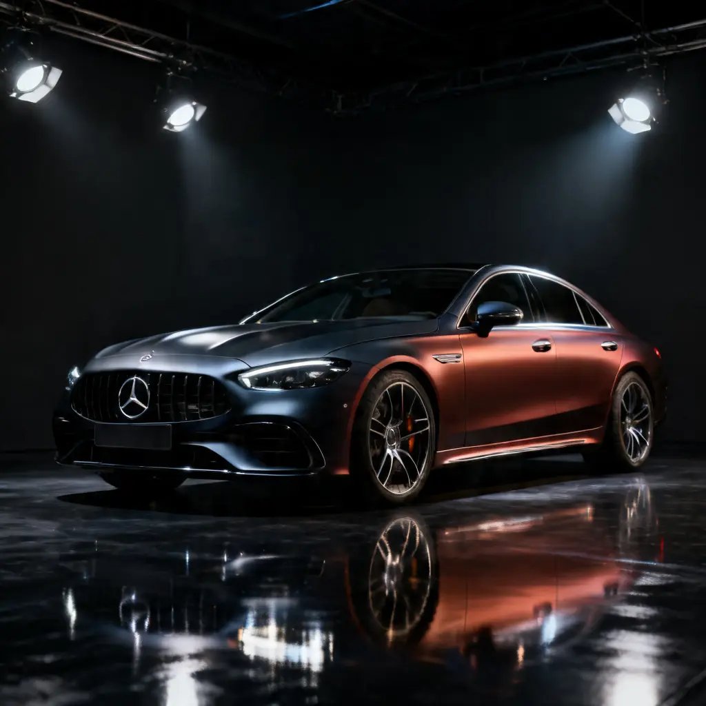 Photorealistic warm studio car.
