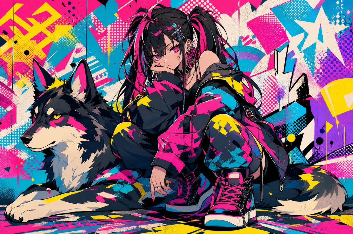 Neon street anime girl illustration.