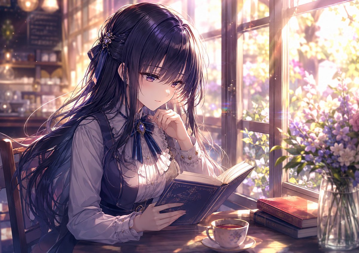 Female anime illustration, warm cafe, elegant