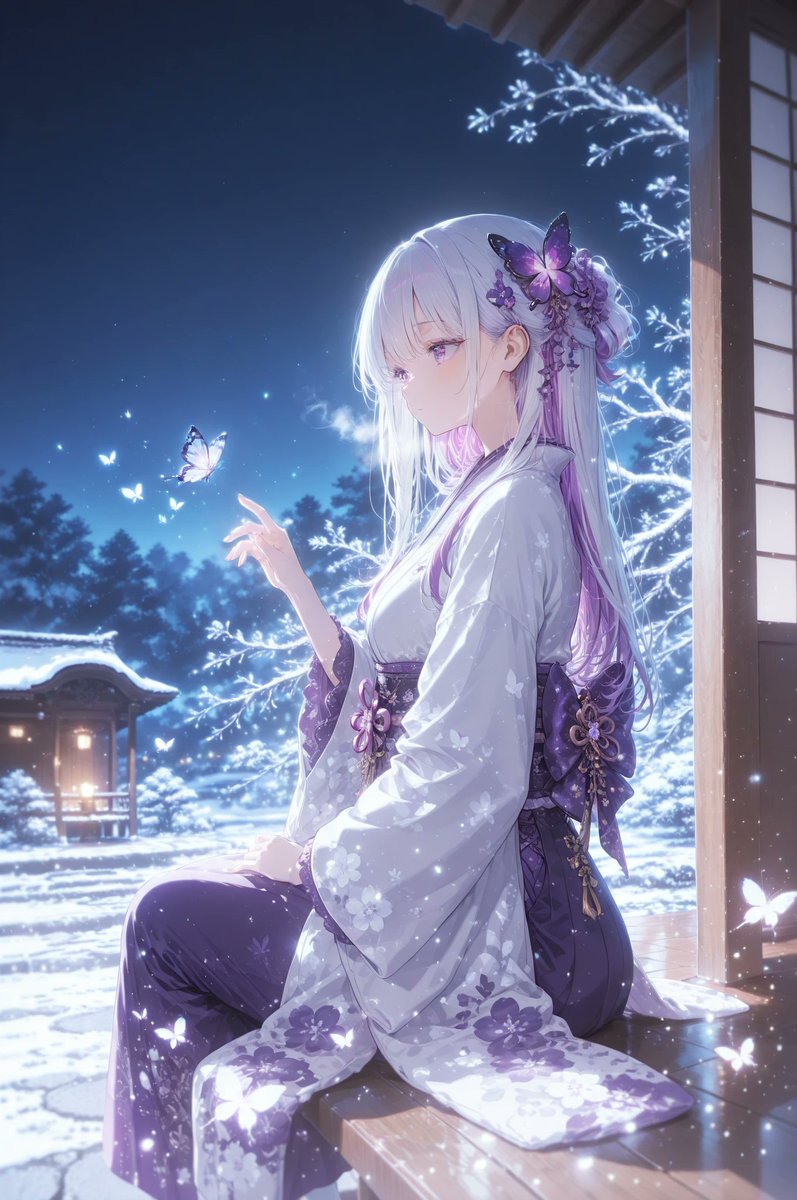 Character anime illustration snowy night scene elegant