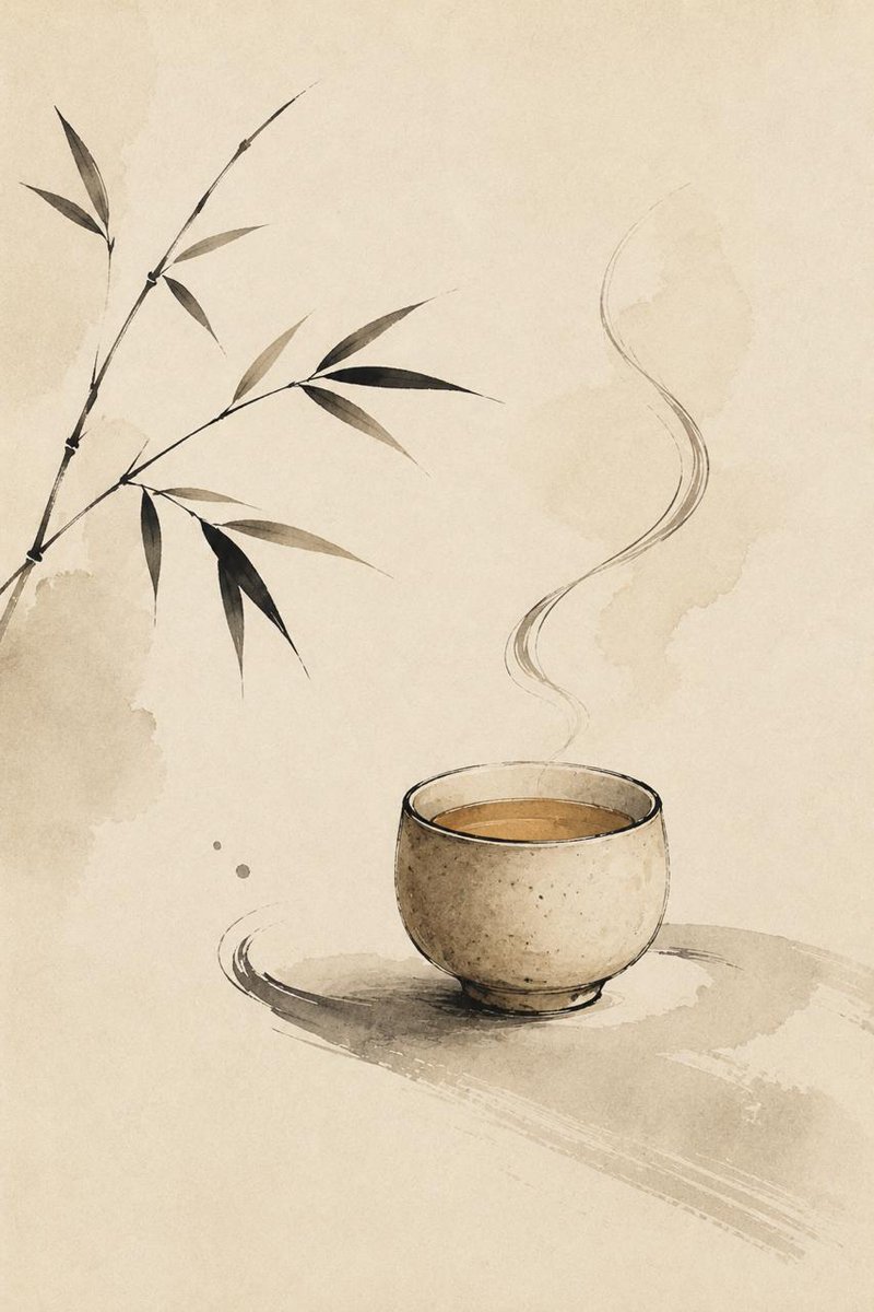 Zen teacup ink wash painting.