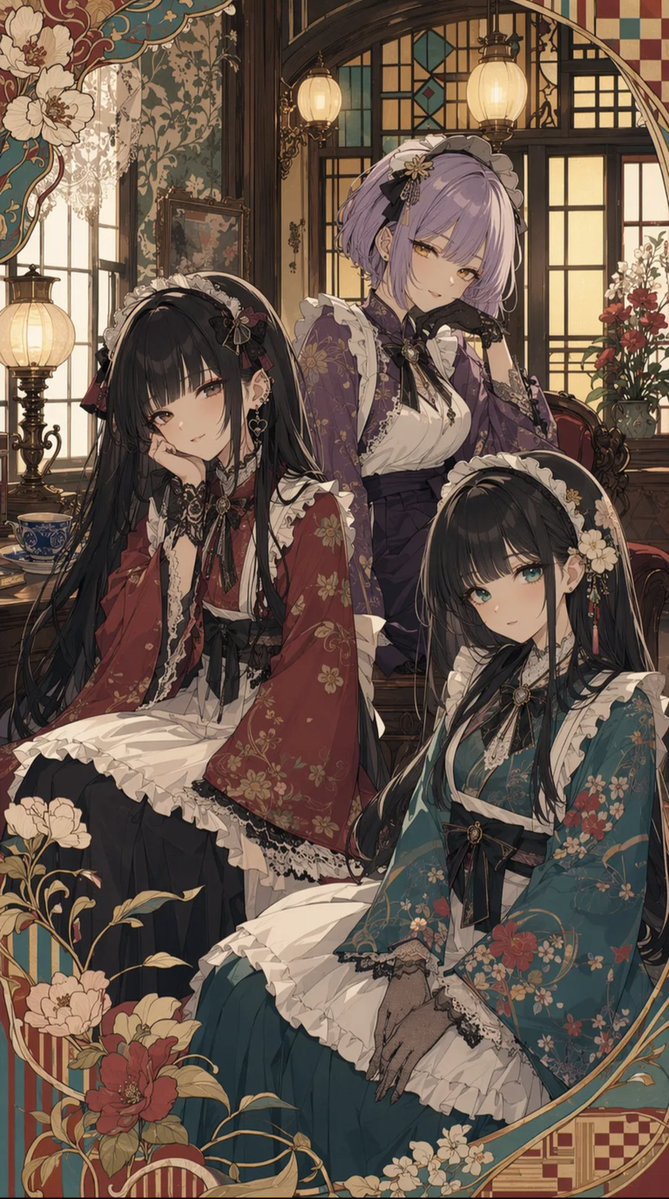 Female anime illustration warm indoor elegant