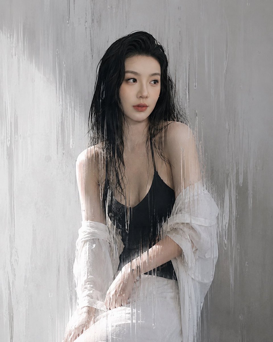 Portrait realistic minimalist rain cool tone melancholic.