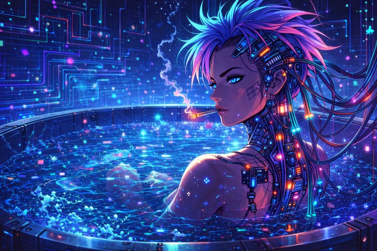 Female anime illustration, neon cyberpunk