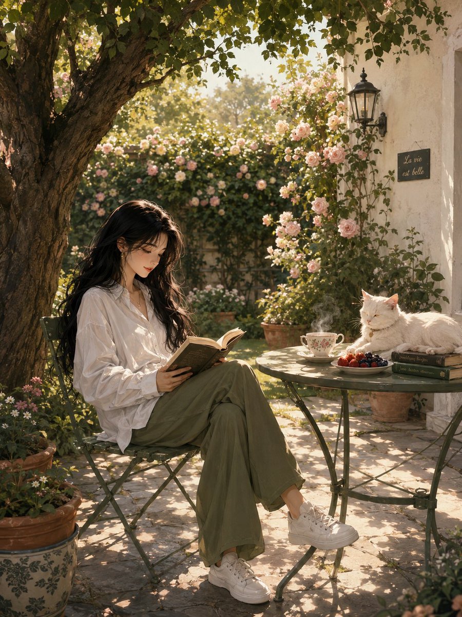Female anime realistic garden warm elegant