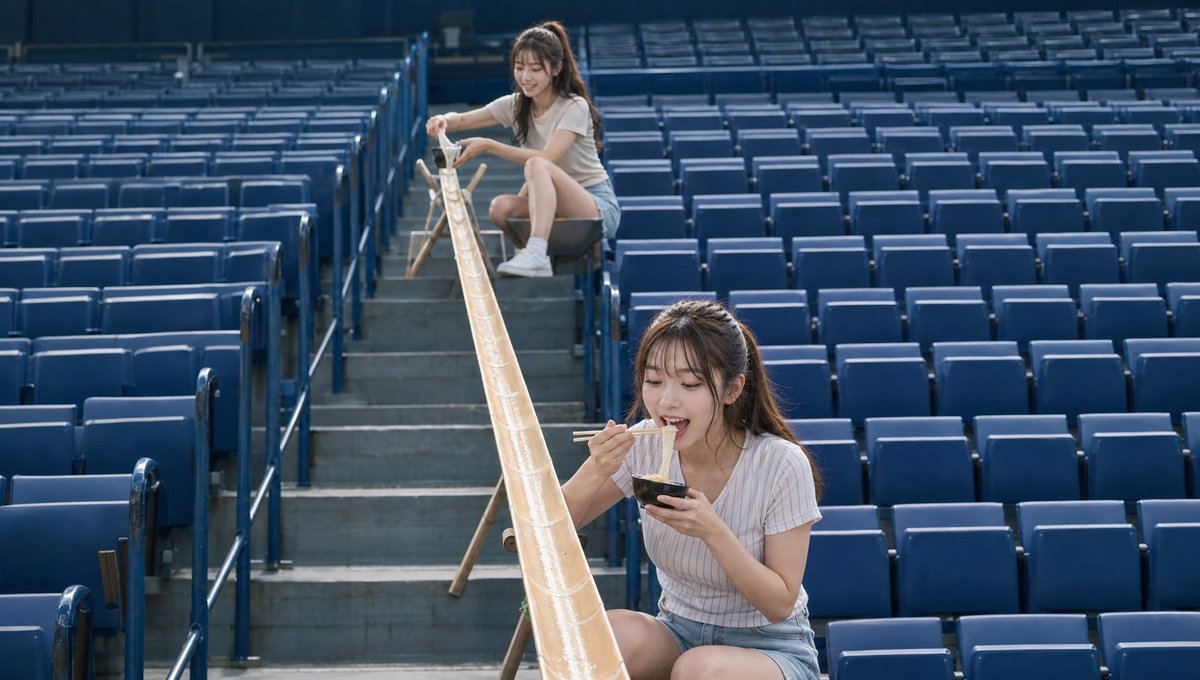 Empty baseball stadium noodle-eating scene