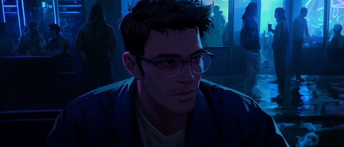 Male anime logo neon night scene melancholic