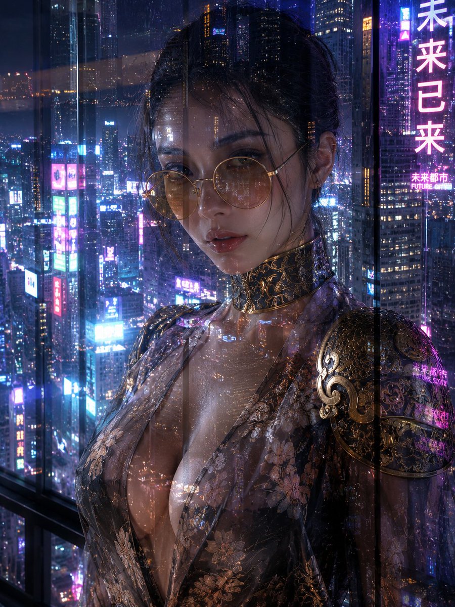 Cinematic cyber neon cyberpunk elegant portrait.