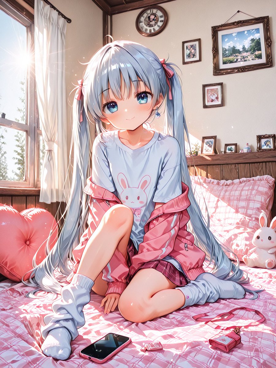 Girl anime illustration, bedroom, warm and cute.