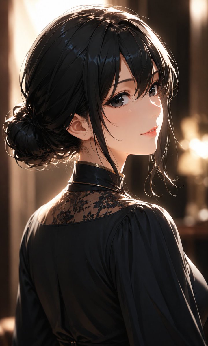 Female anime illustration warm indoor elegant