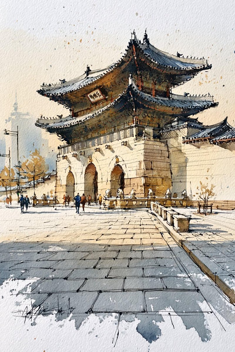Architectural watercolor hand-drawn city street elegant