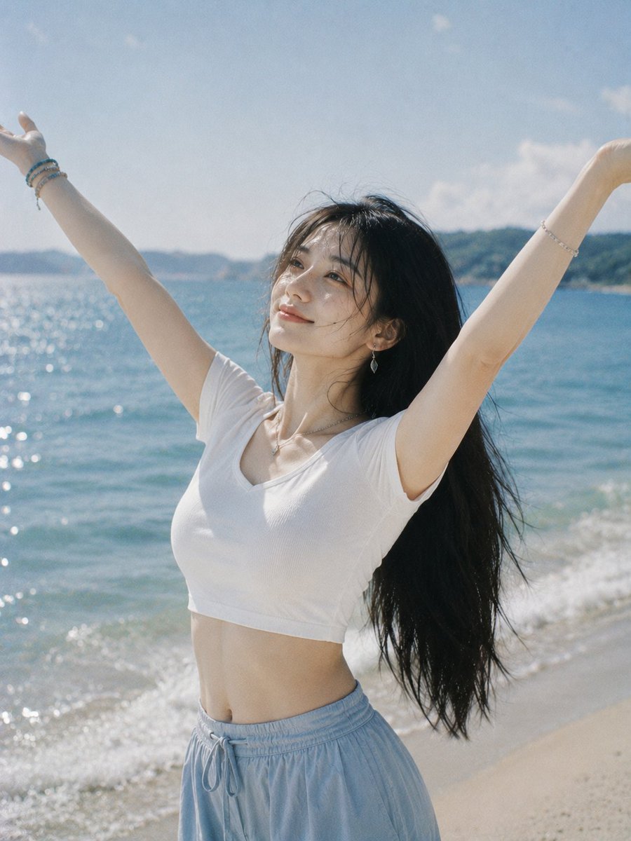 Woman realistic film ocean morning