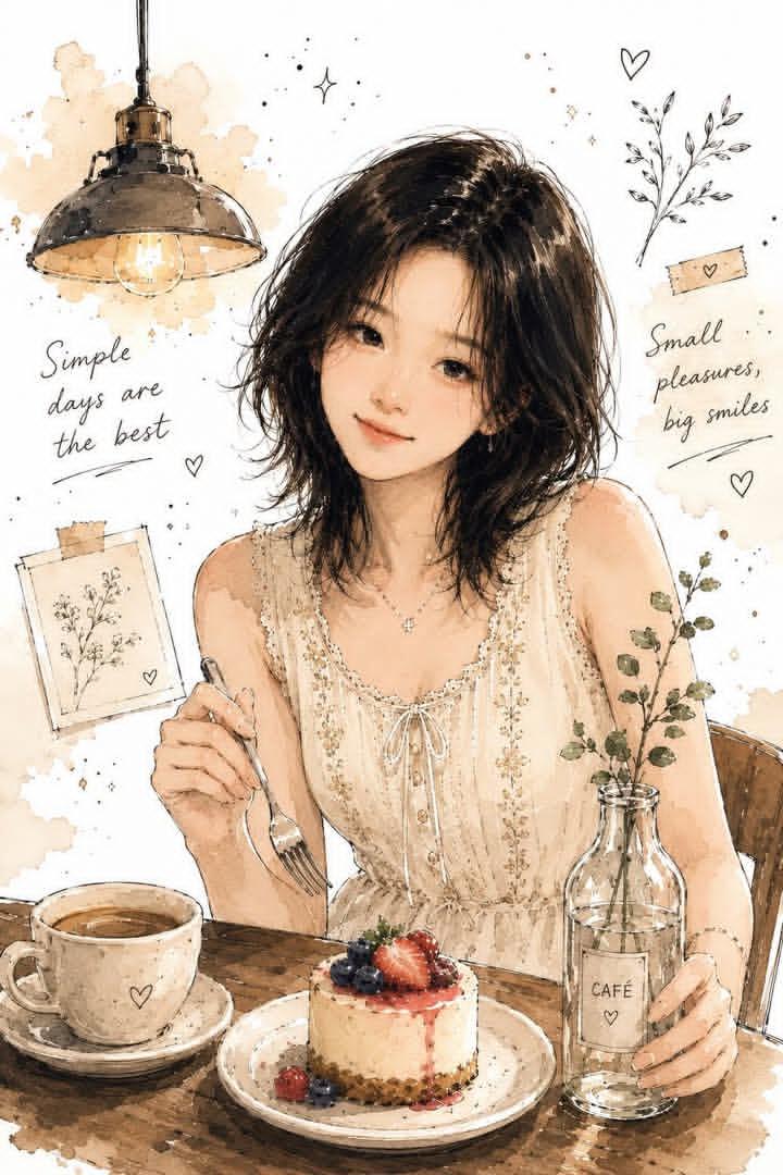 Female anime minimalist café warm and gentle.