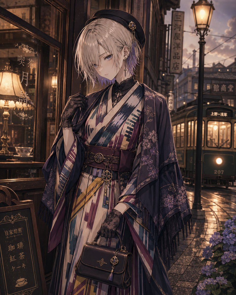 Character illustration, urban outdoor, elegant.