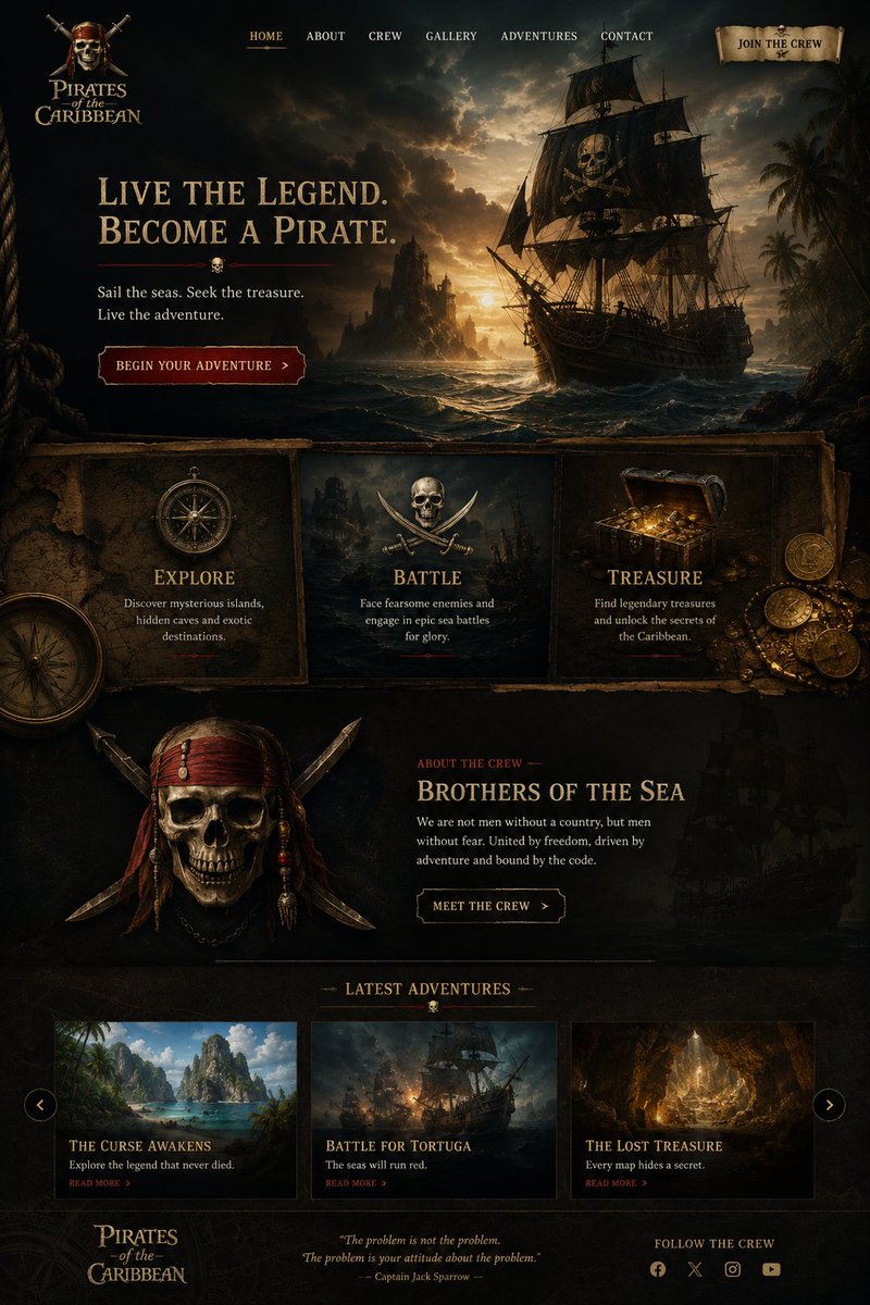 Cinematic pirate-themed website landing page