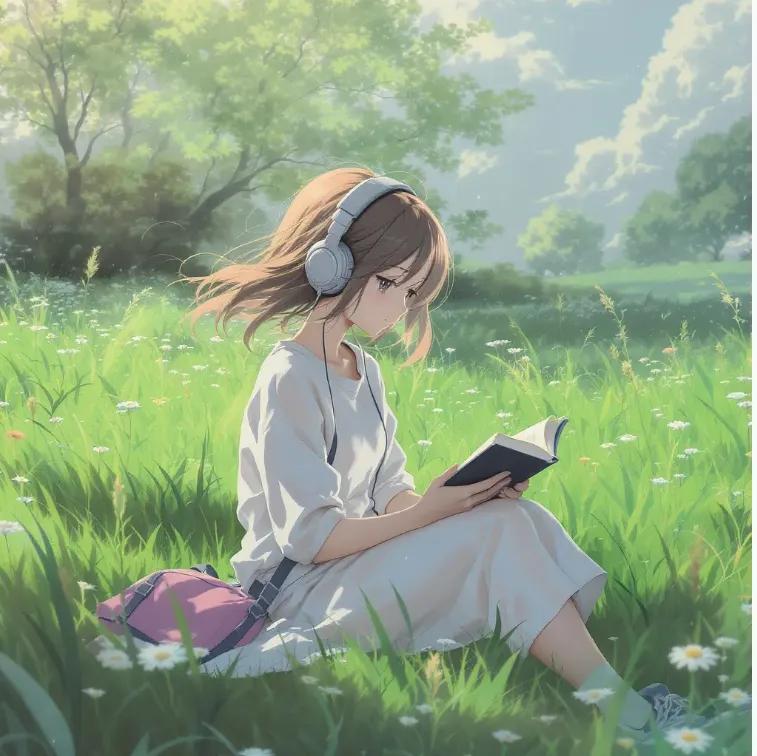 Girl anime illustration grassland dreamy