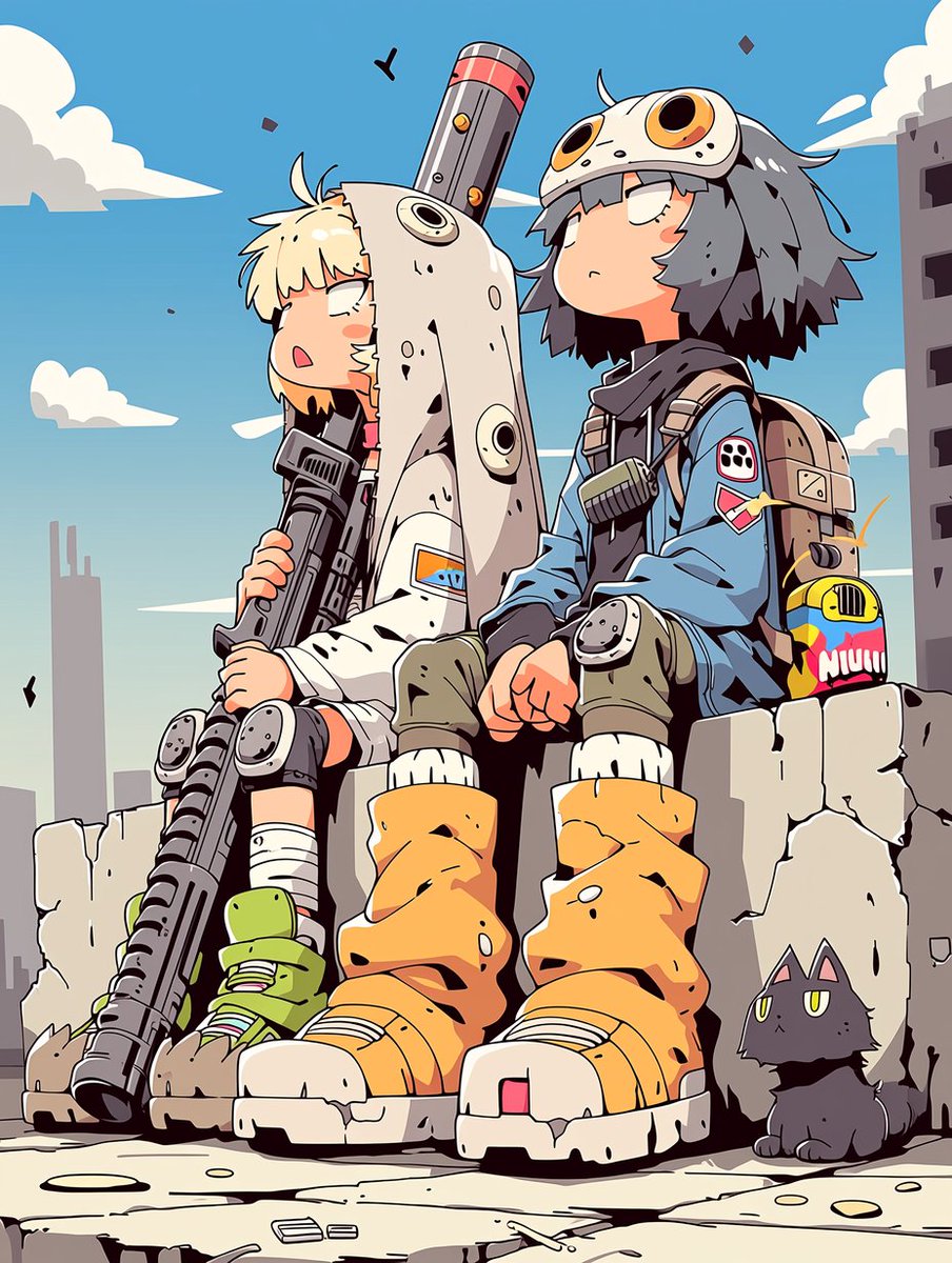 Cat anime illustration city ruins cute