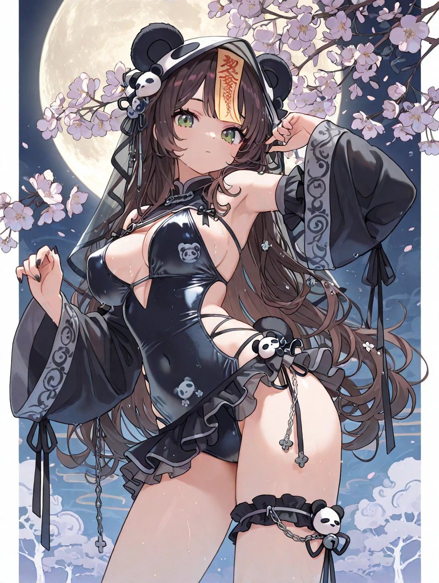 Cat anime illustration night cherry blossoms cute