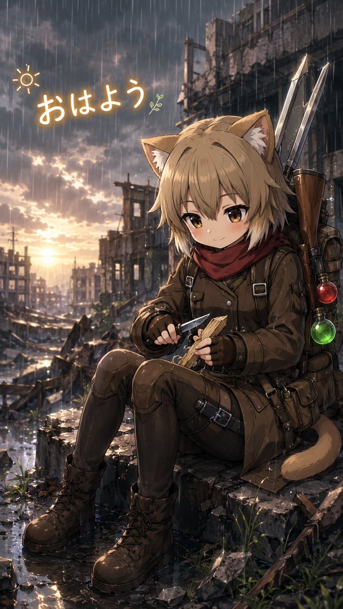 Girl anime illustration rainy city cute