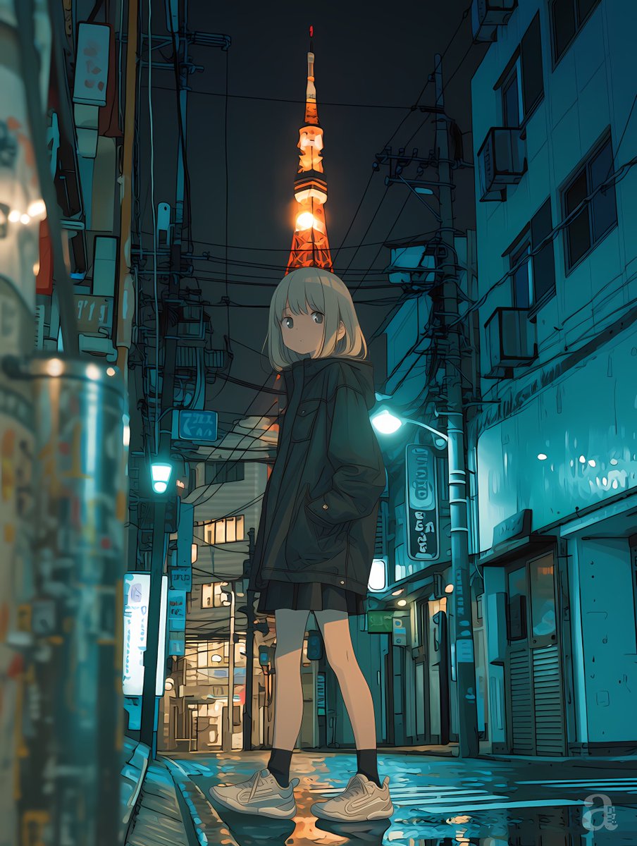 Girl anime illustration rain street melancholic