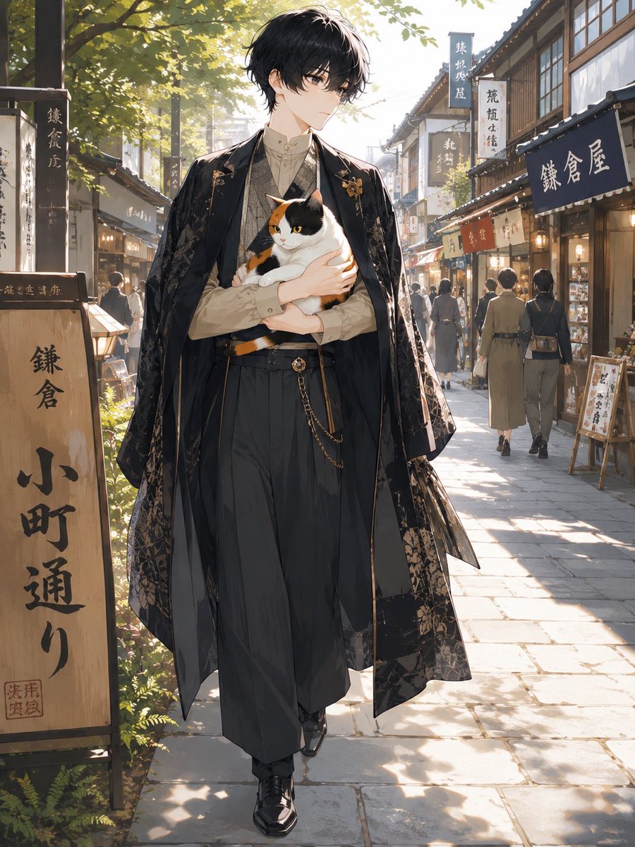 Portrait anime illustration, street, warm, elegant