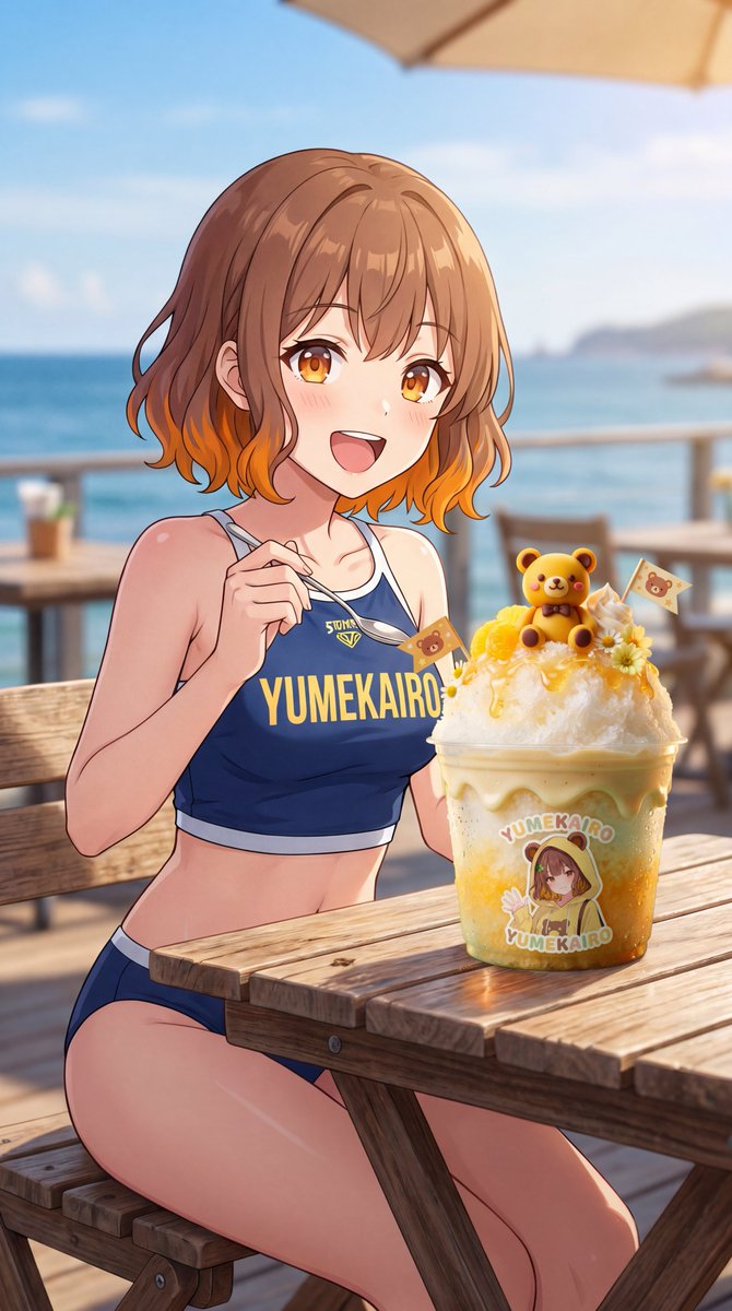Female anime illustration, outdoor cafe, cute