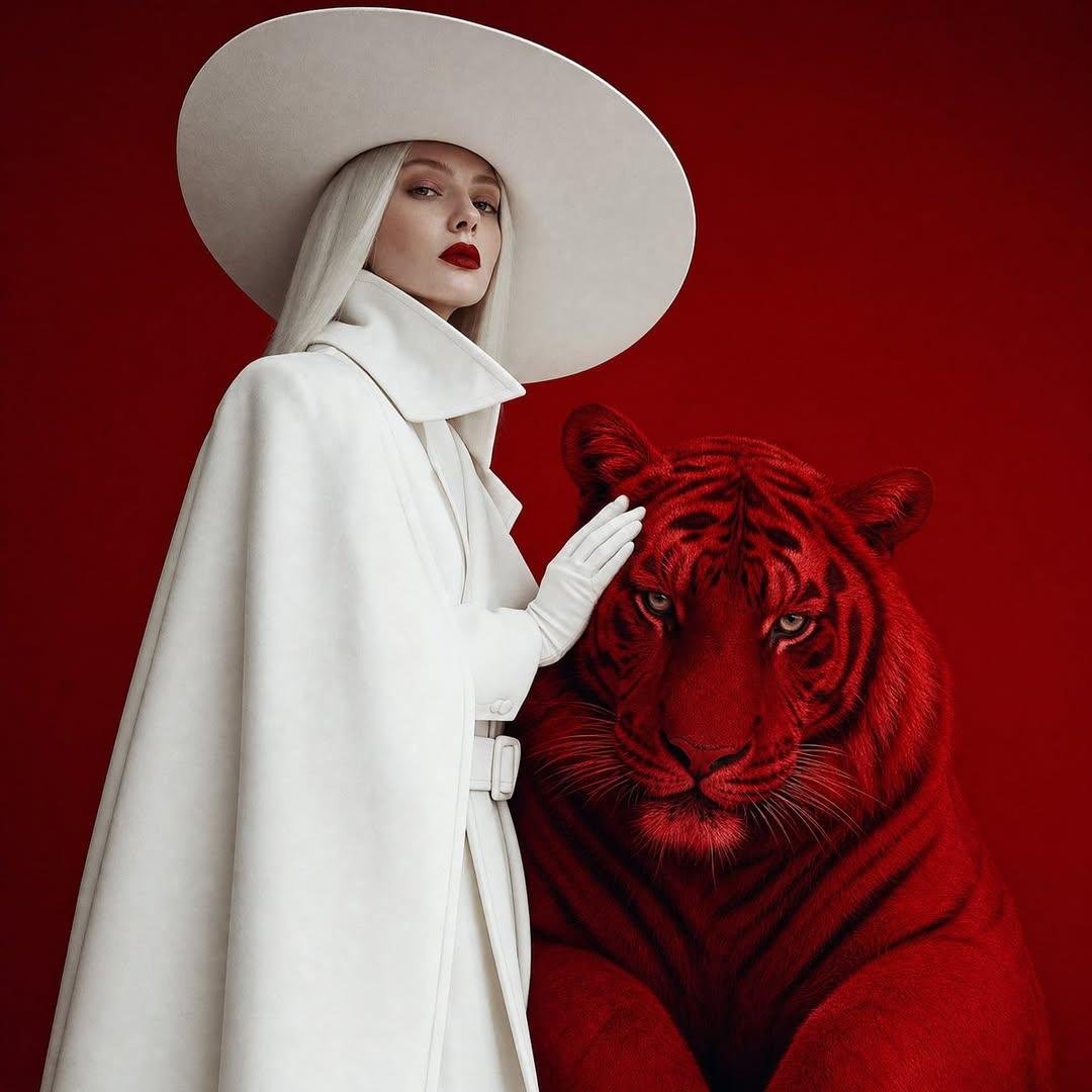 Surreal deep crimson tiger portrait