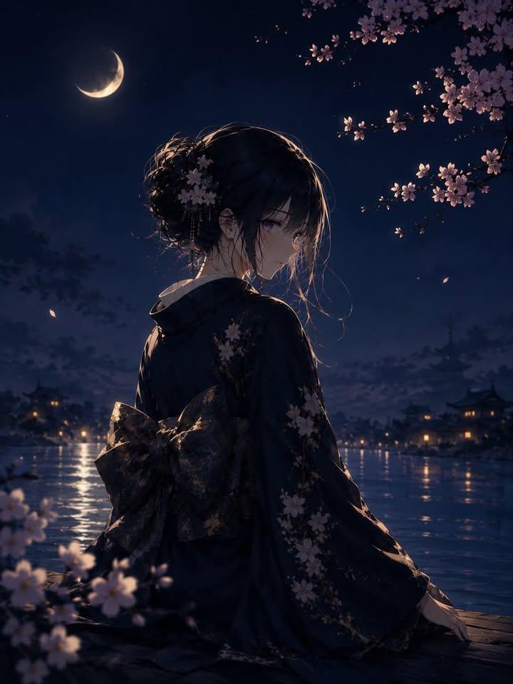 Female anime illustration cherry blossoms warm elegant