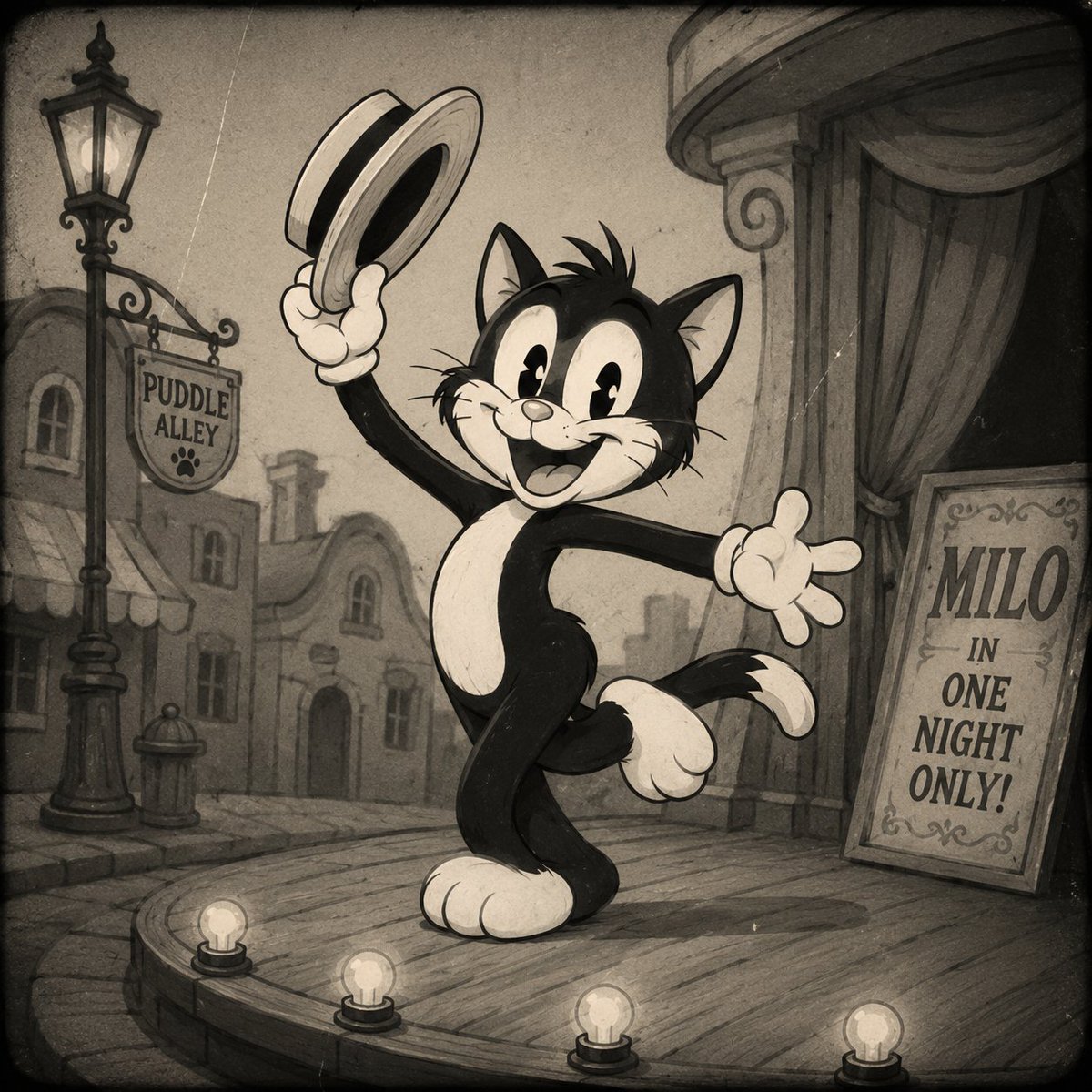 Cat hand-drawn film night scene