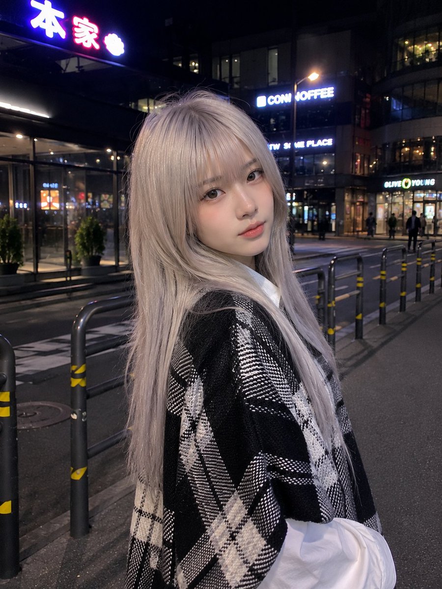 Woman realistic neon night scene