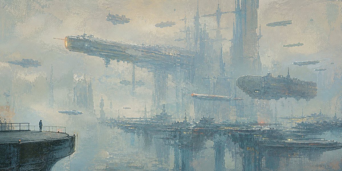 Architectural oil painting wallpaper city futuristic melancholic