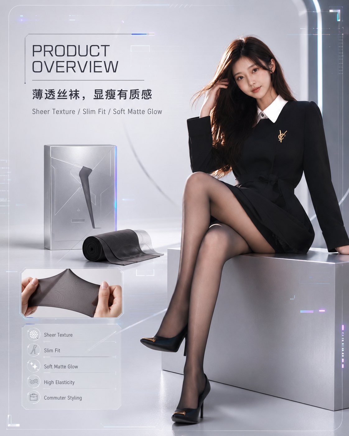 Female cyber brand, futuristic cool tone, high-end