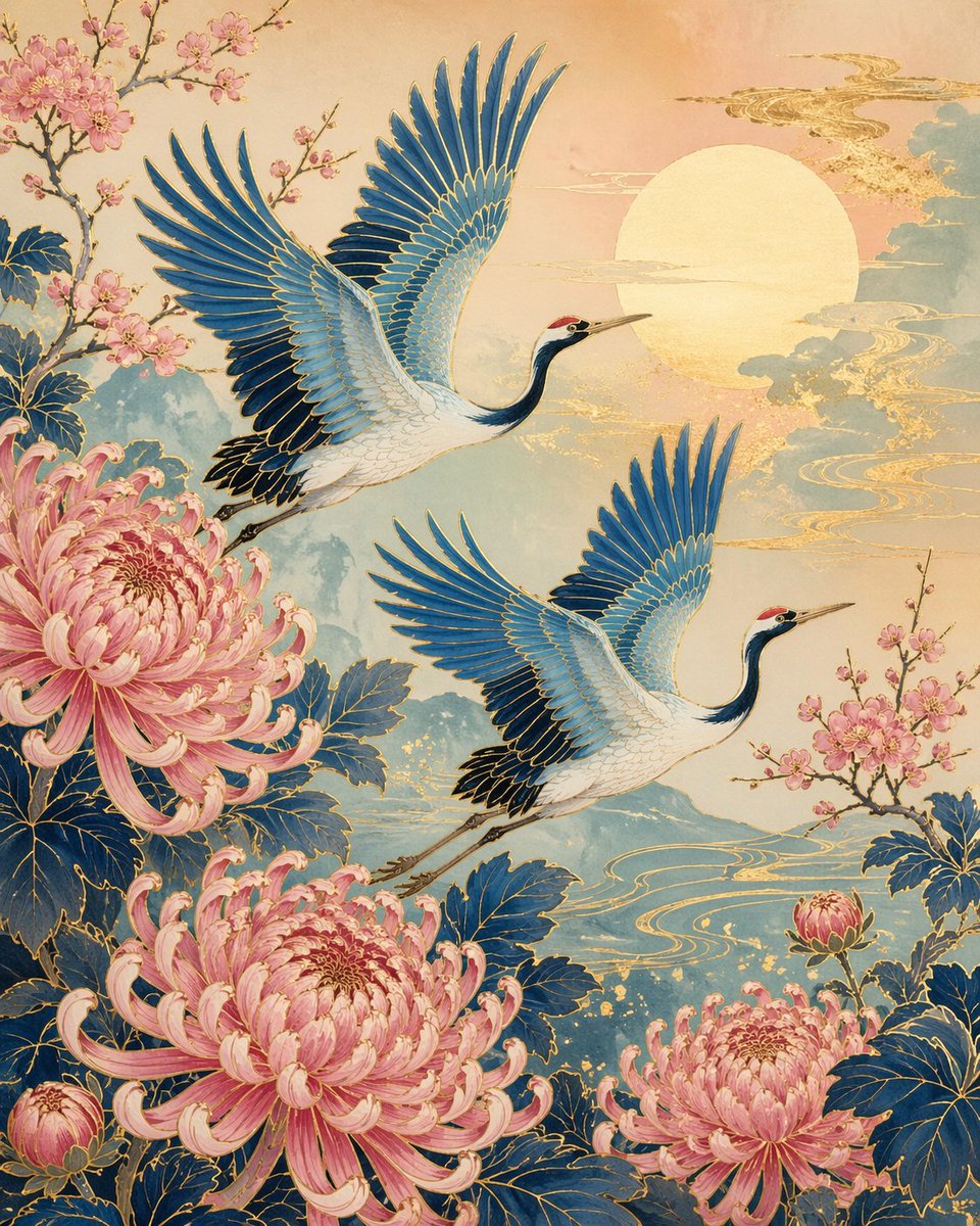 Japanese crane and chrysanthemum art