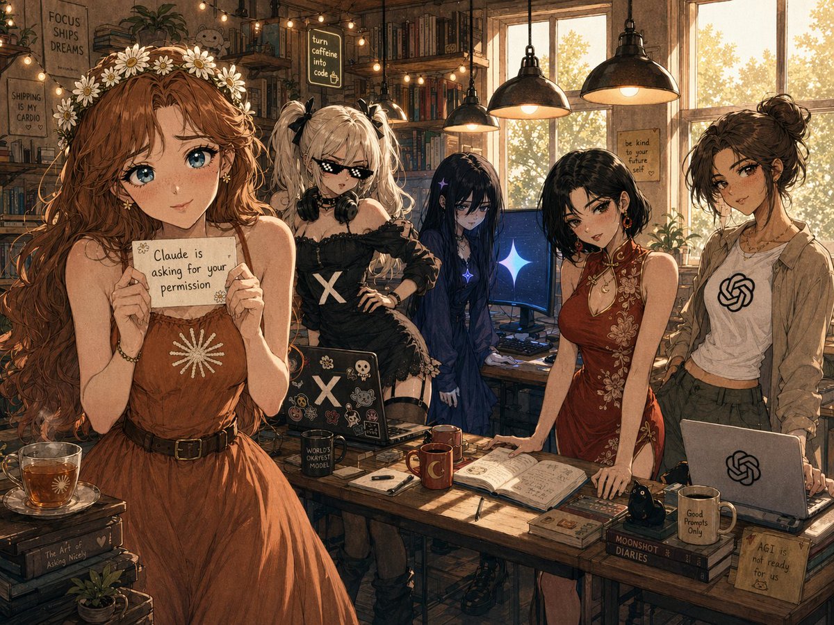 Elegant female anime illustration studio cafe