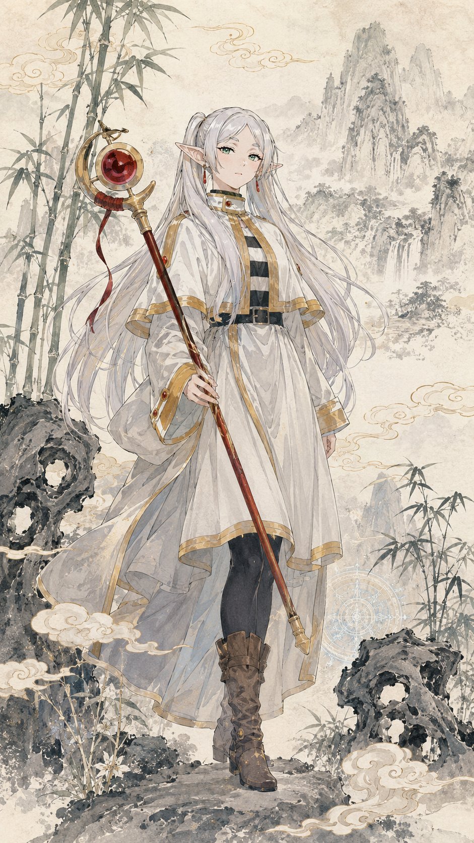 Frieren: Beyond Journey's End - elegant ink-wash background