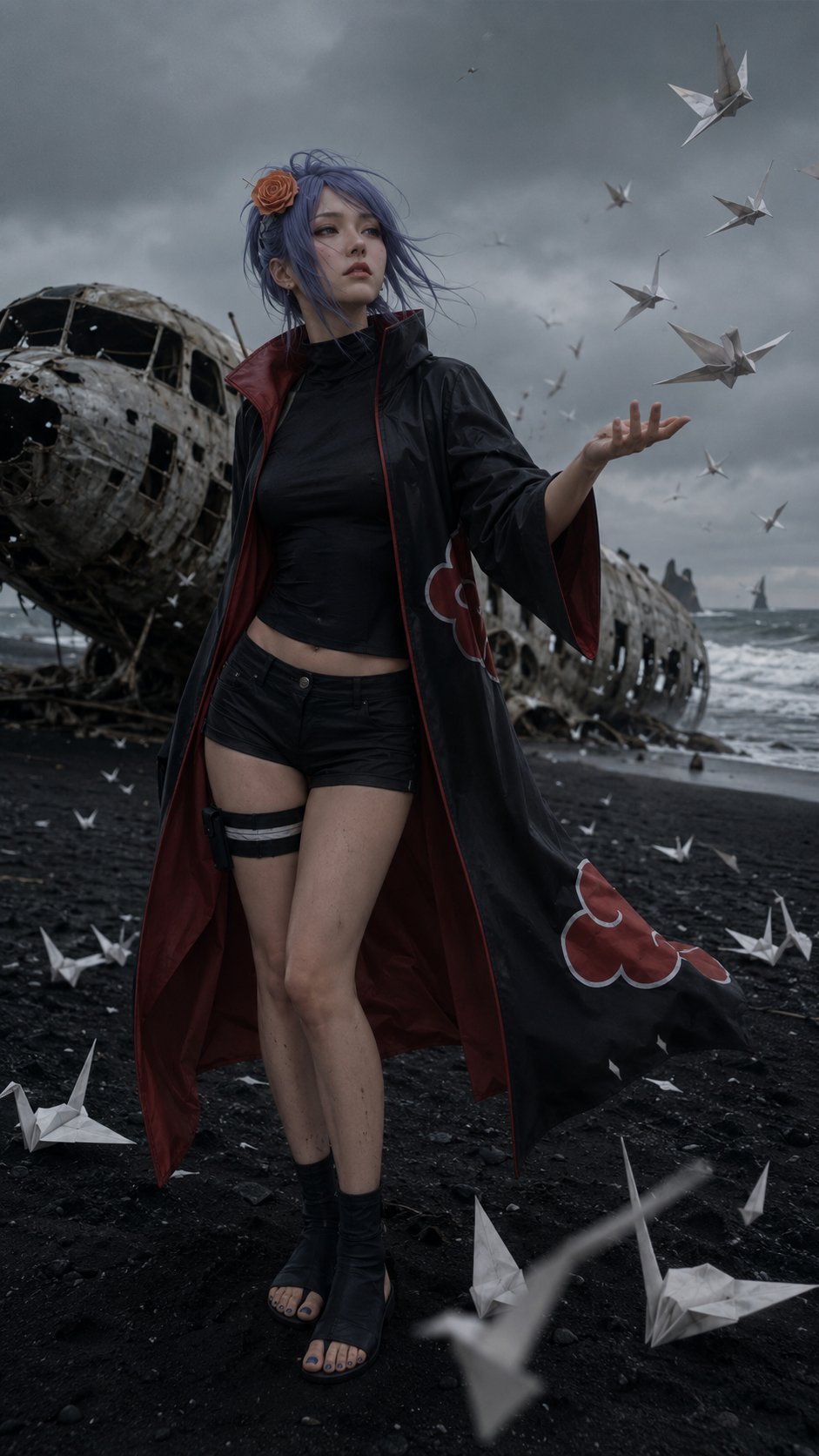 Naruto character film realistic cool-tone mountain elegant.