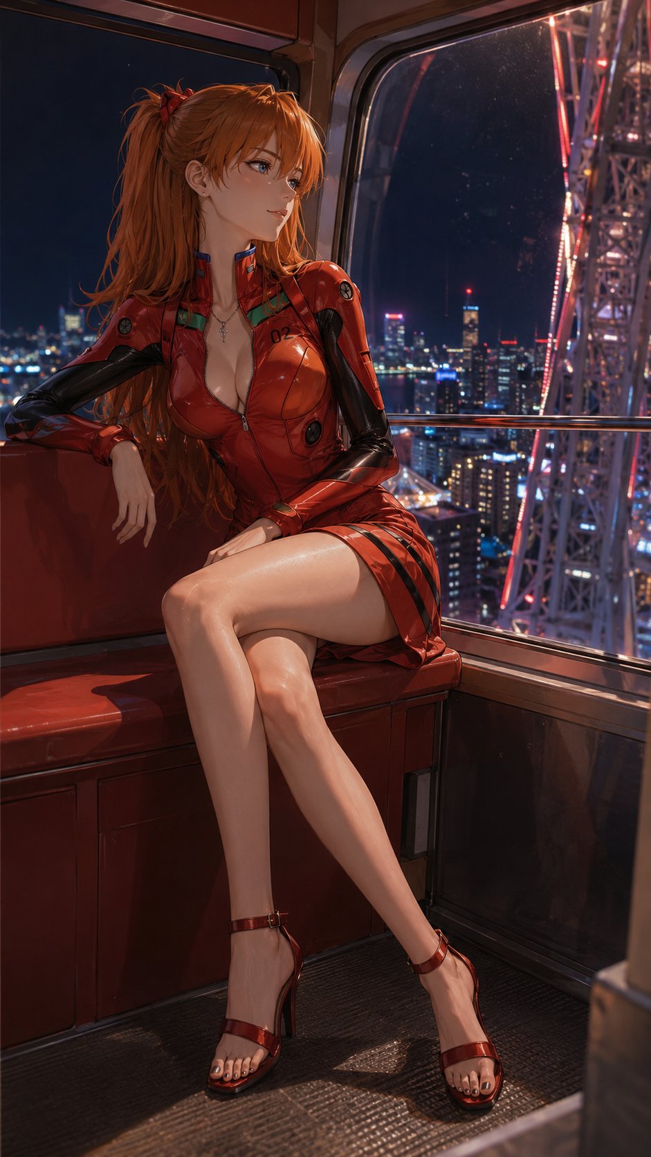 Anime character, realistic, neon night scene, elegant
