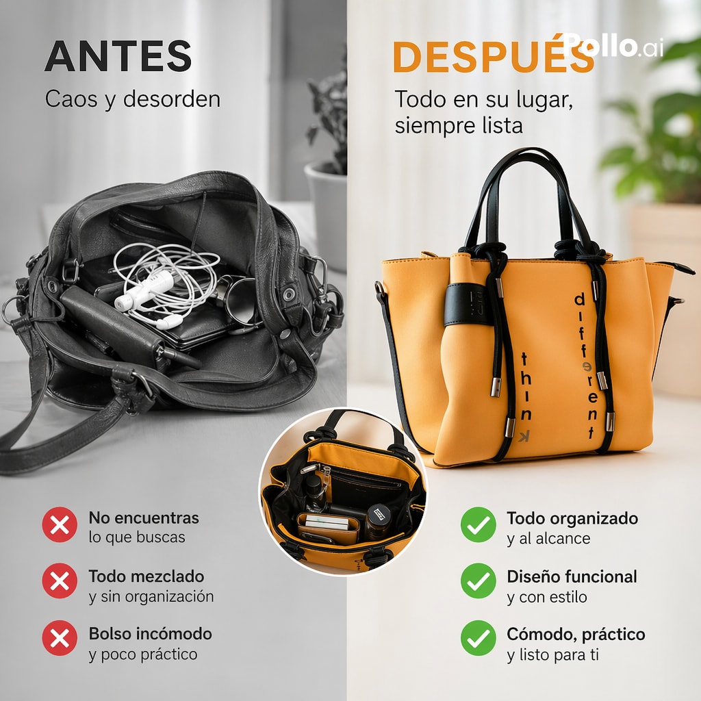 Handbag before-and-after comparison advertisement