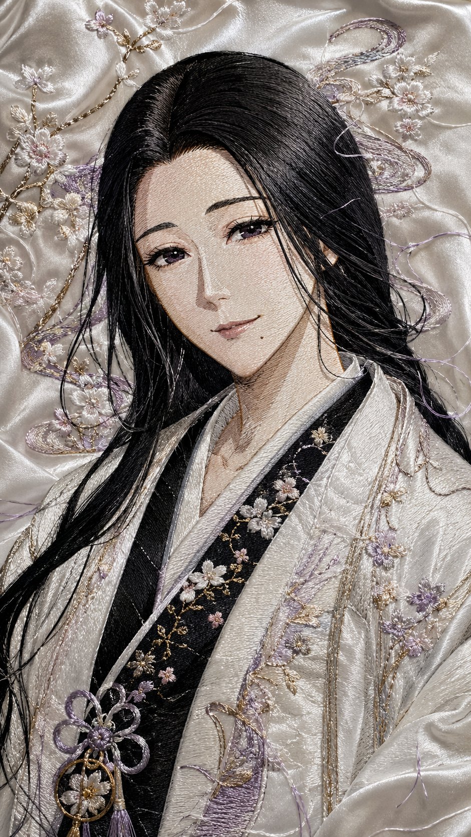 Embroidered Panel Vertical Portrait — Anime Heroines Stitched in Silk Thread