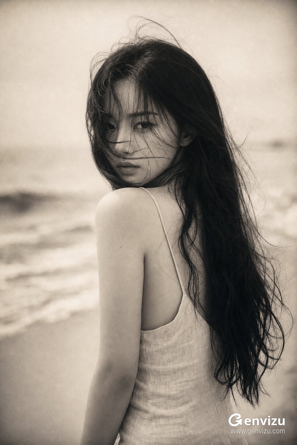 Warm-toned black-and-white / slightly sepia realistic film portrait