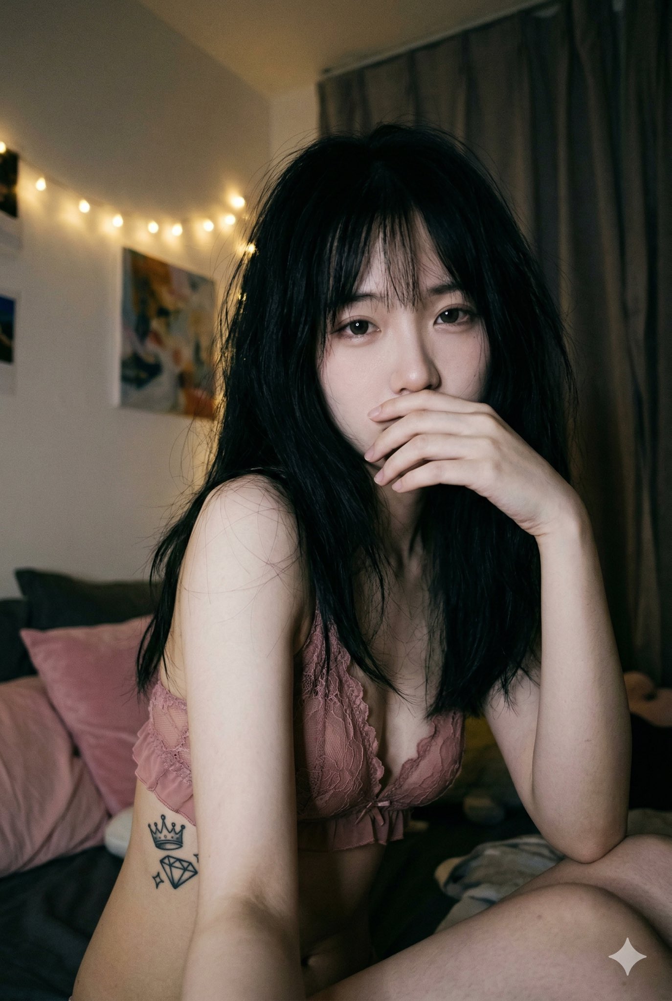 Woman, bedroom, night scene, atmospheric mood