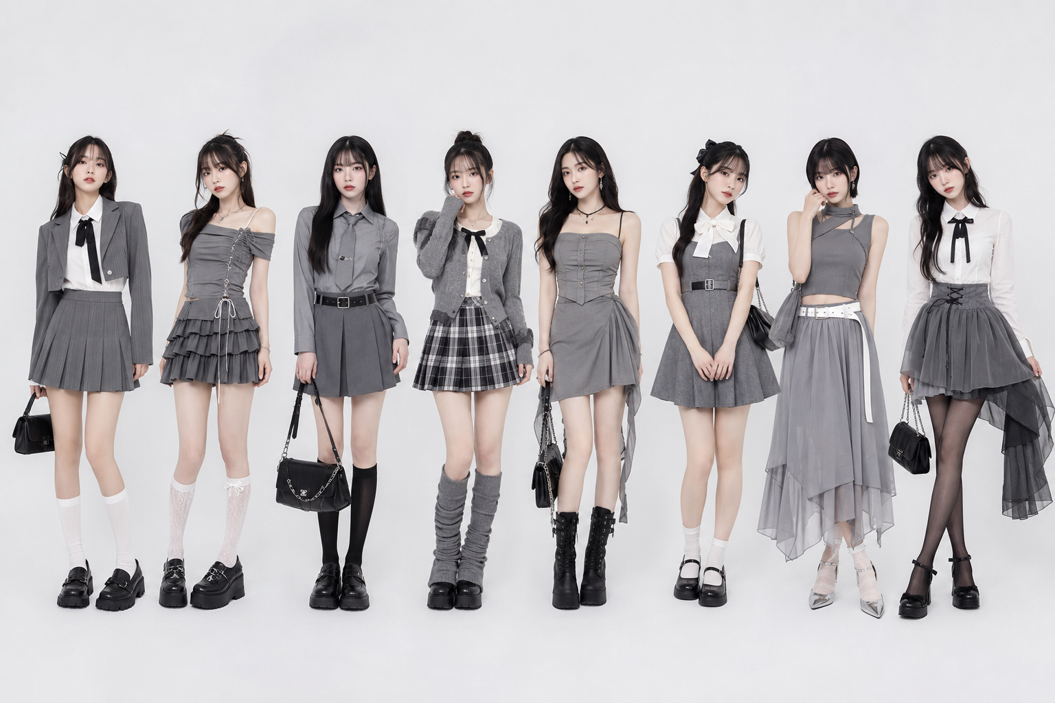 Help me generate eight full-body character images of young Japanese women, requiring clothing colors mainly in gray tones…