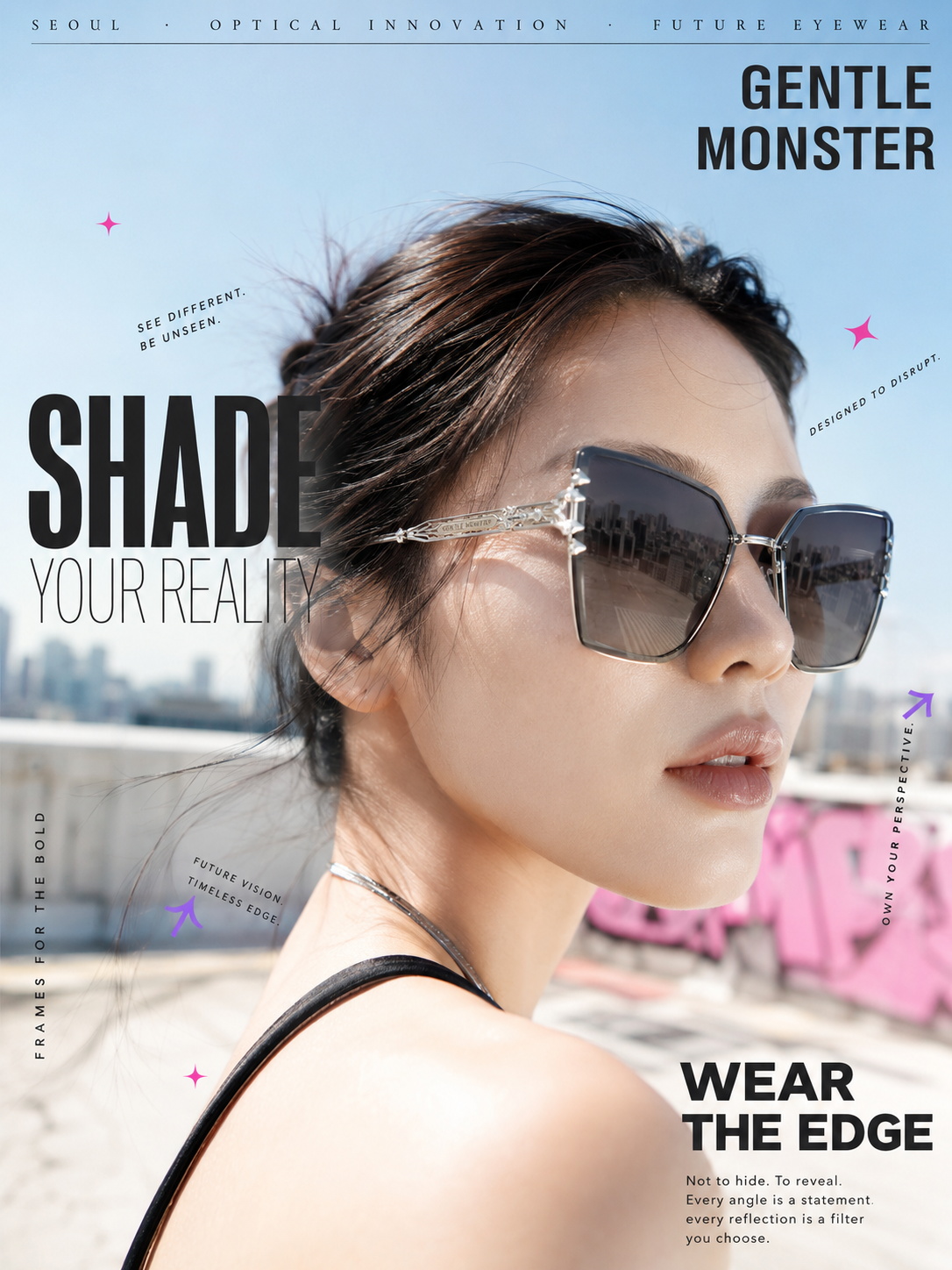 Hyper-realistic high-end avant-garde sunglasses advertisement, shot in a bright, translucent urban rooftop style. An…