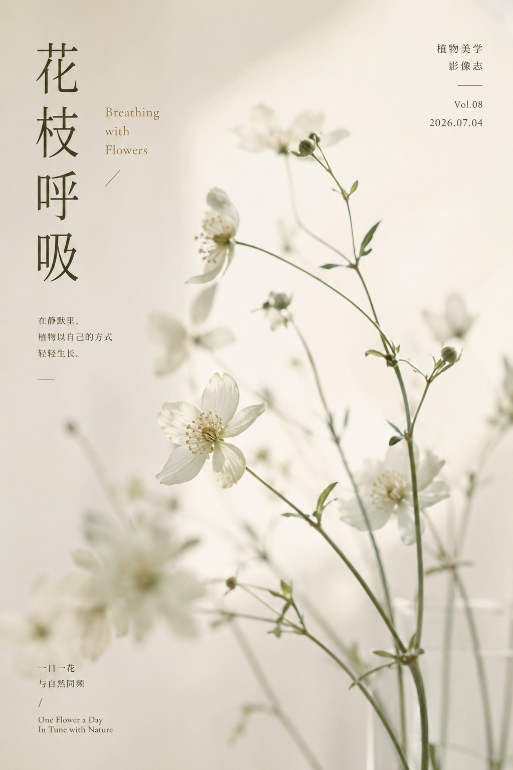 Generate a high-end aesthetic botanical poster, in vertical poster format, with an overall temperament that is quiet, restrained, ...
