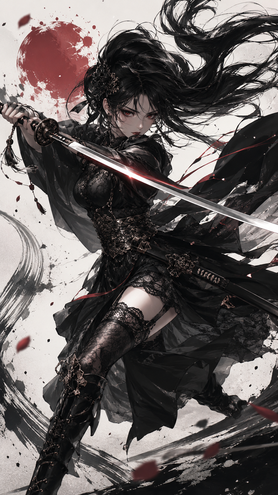 Dark gothic samurai girl wearing a katana, dynamic action pose, long black hair in the air…