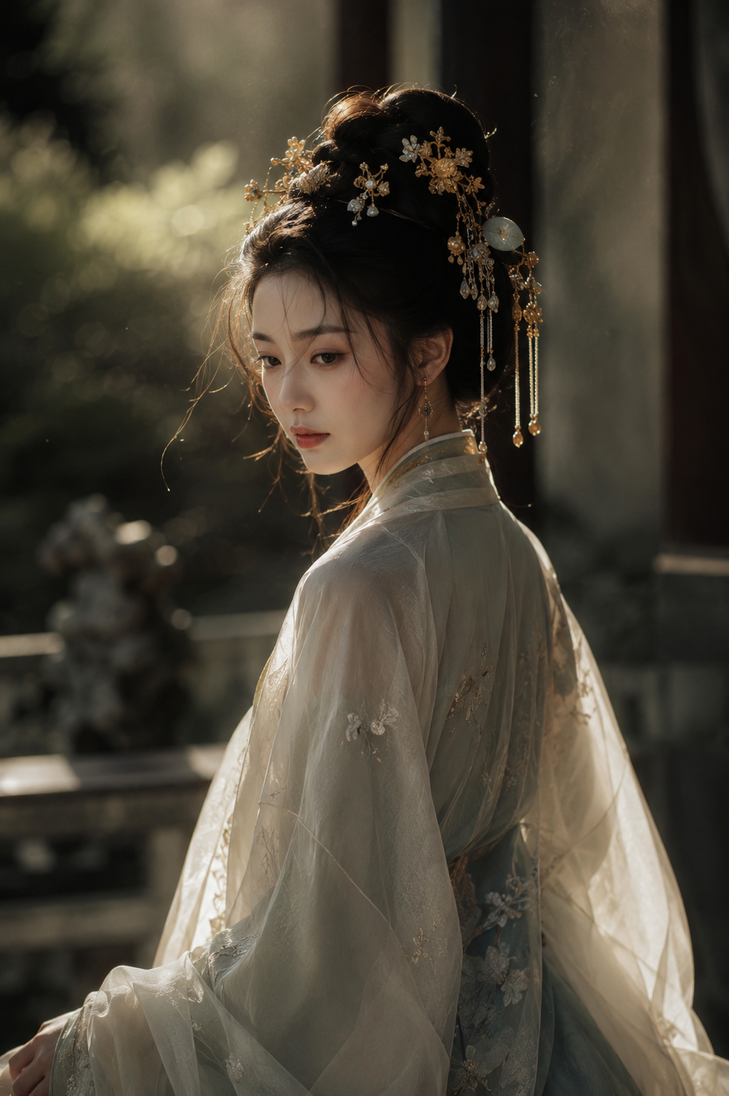 A classical Chinese beauty wearing exquisite Hanfu, with an elegant and refined face, skin like congealed cream, and a gaze...
