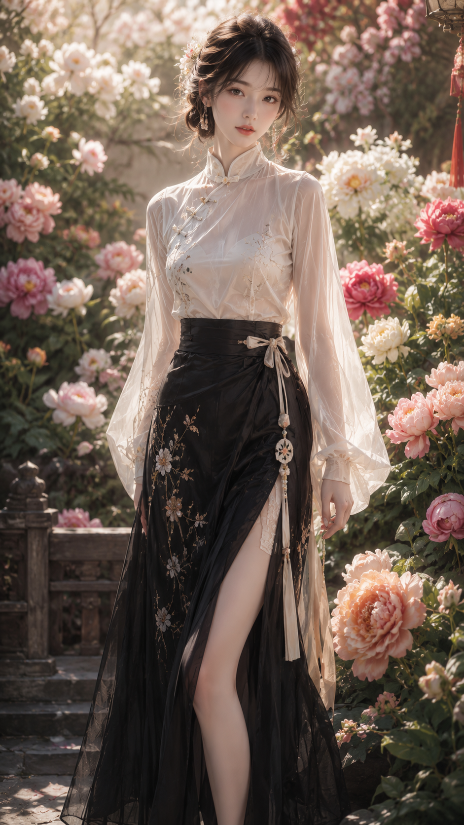 Vertical format 9:16, new Chinese-style clothing, beautiful girl, white top and black bottom, the top is faintly transparent, …