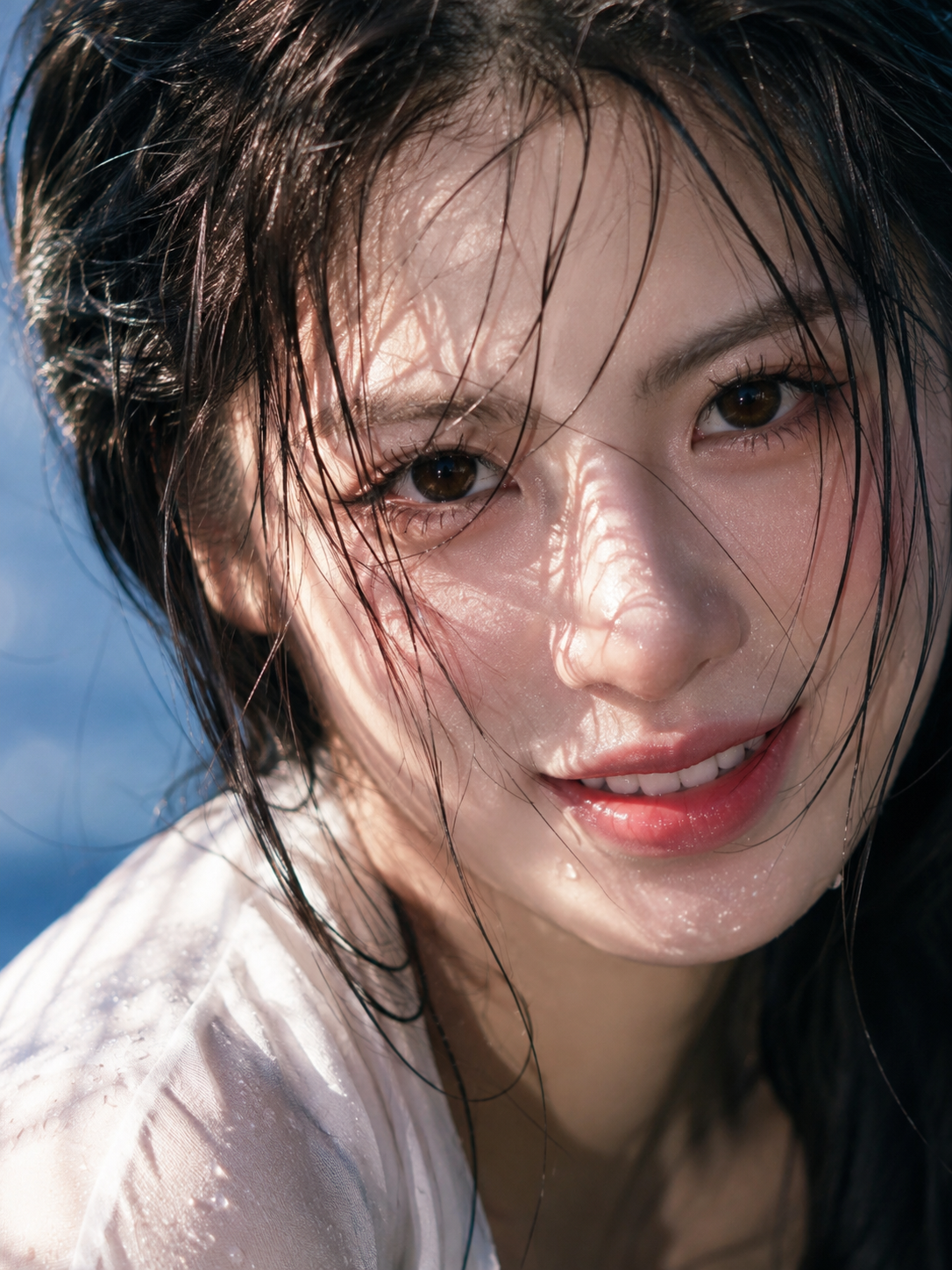 This is an extremely cinematic ultra-close-up realistic portrait, depicting a twenty-something-year…