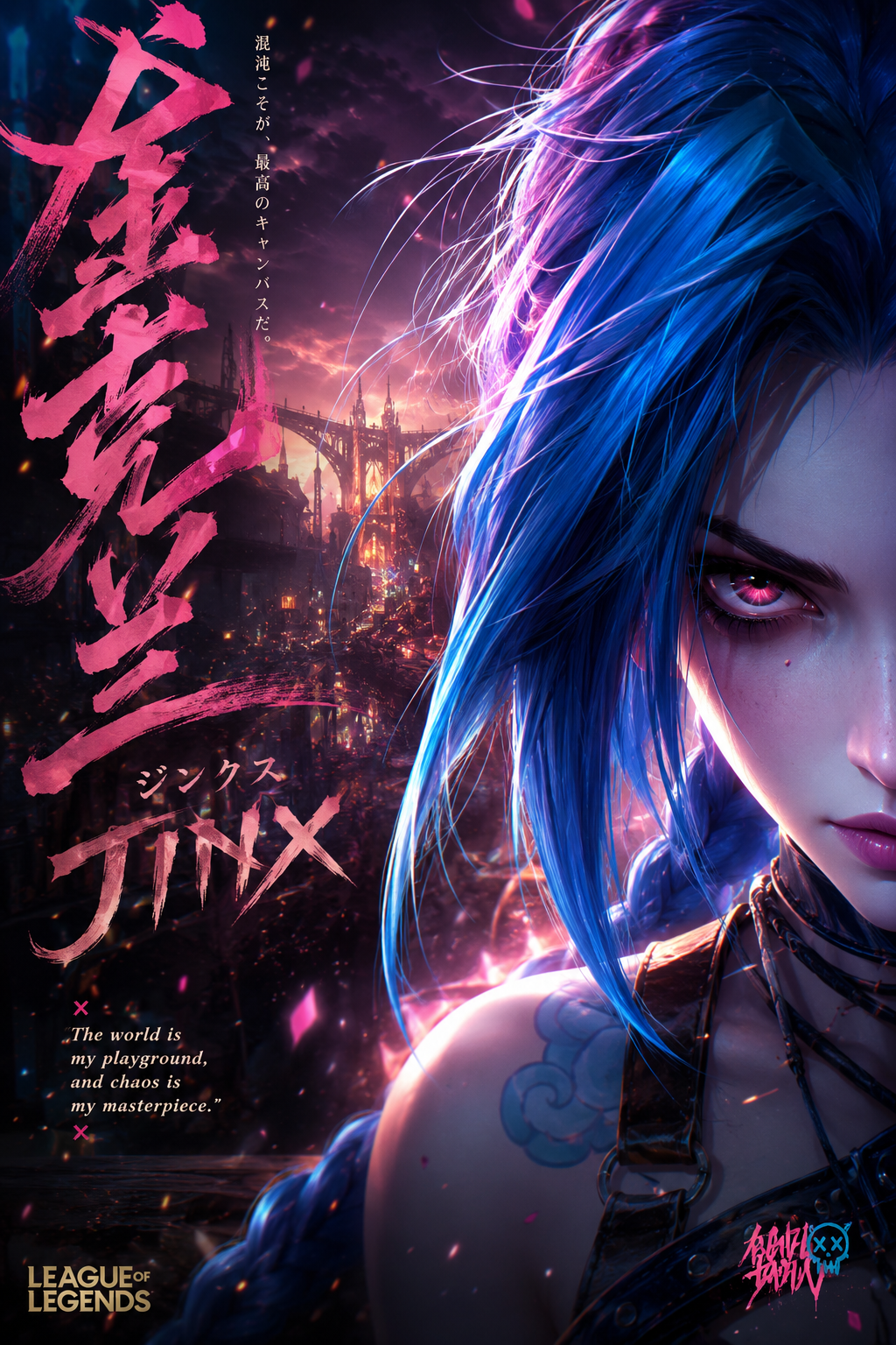 Ultra-detailed anime character poster, League of Legends Jinx, half-face close-up portrait on the right side of the frame…